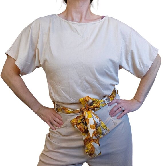 70s Inspired Womens Jumpsuit Sz 10 12 Cream Wide Leg Belted Keyhole Back Stretch - Picture 3 of 11